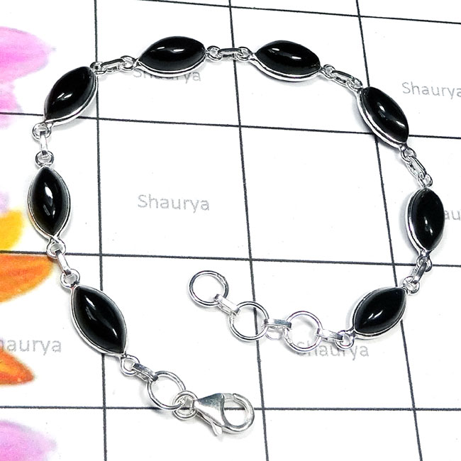 Black Onyx Gemstone Cab A Bracelet - BZB958- ADEC21 A Cab Black Onyx 925 Sterling Silver Bezel Wholesale Bracelet